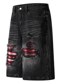 Men's Distressed Denim Shorts with Plaid Patches - Update AvenueTrendsi100400819153797100400819153797Men's Distressed Denim Shorts with Plaid PatchesBlack