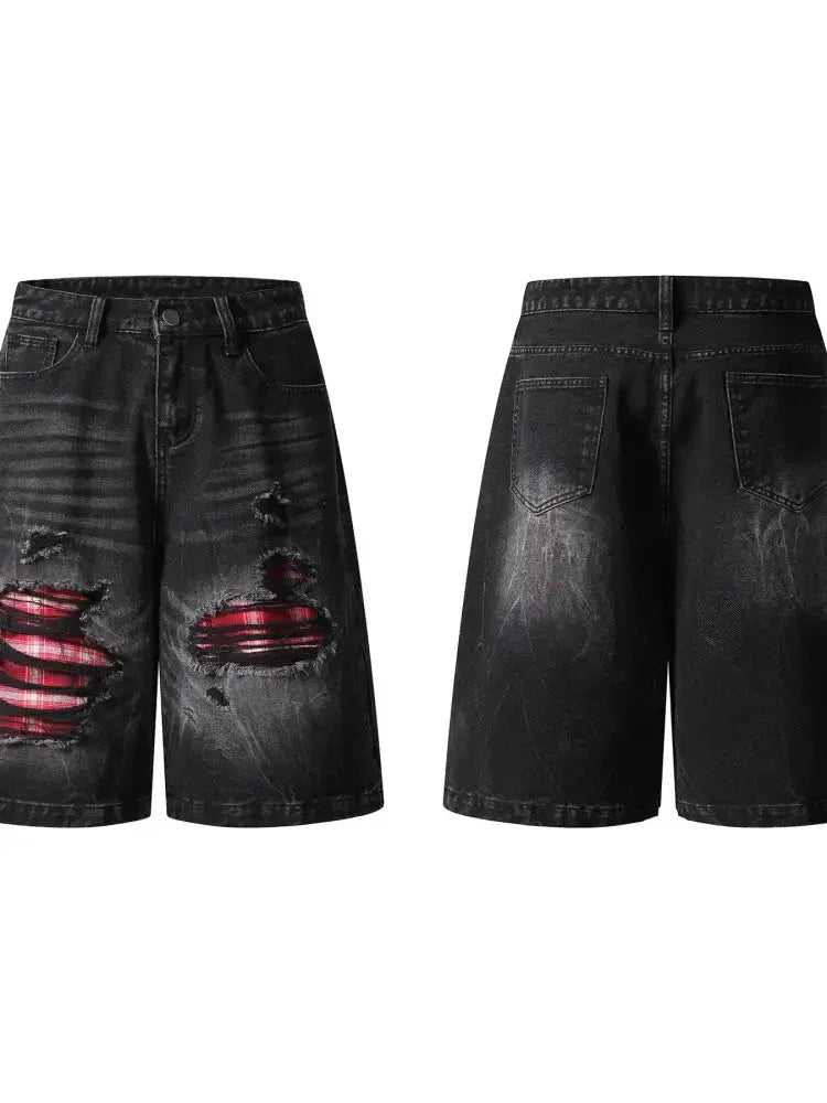 Men's Distressed Denim Shorts with Plaid Patches - Update AvenueTrendsi100400819153797100400819153797Men's Distressed Denim Shorts with Plaid PatchesBlack