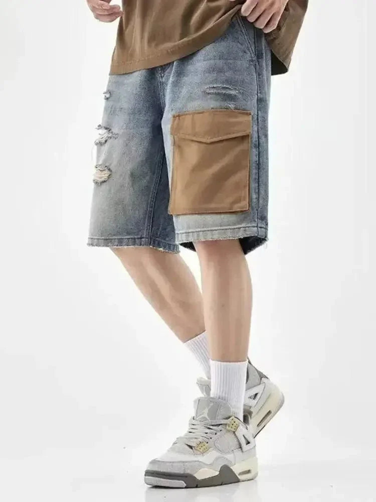 Men's Distressed Denim Shorts with Utility Pocket - Update AvenueTrendsi100400097668468100400097668468Men's Distressed Denim Shorts with Utility PocketBlue