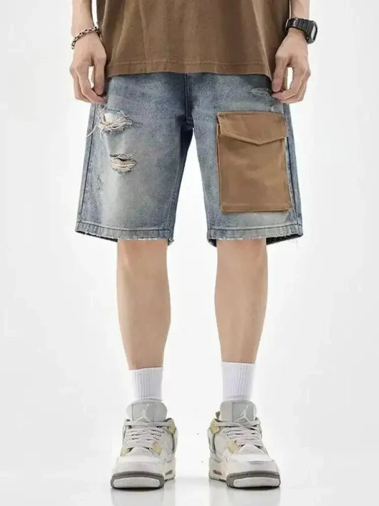 Men's Distressed Denim Shorts with Utility Pocket - Update AvenueTrendsi100400097668468100400097668468Men's Distressed Denim Shorts with Utility PocketBlue