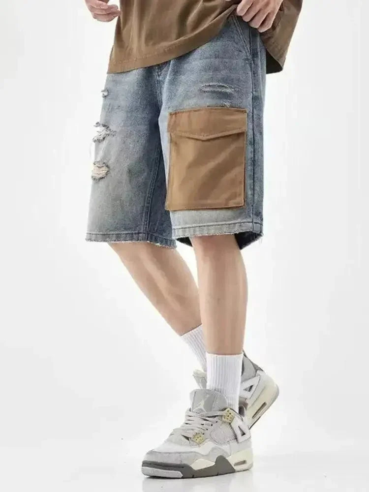 Men's Distressed Denim Shorts with Utility Pocket - Update AvenueTrendsi100400097668468100400097668468Men's Distressed Denim Shorts with Utility PocketBlue