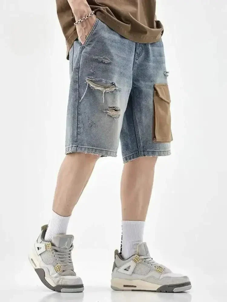 Men's Distressed Denim Shorts with Utility Pocket - Update AvenueTrendsi100400097668468100400097668468Men's Distressed Denim Shorts with Utility PocketBlue