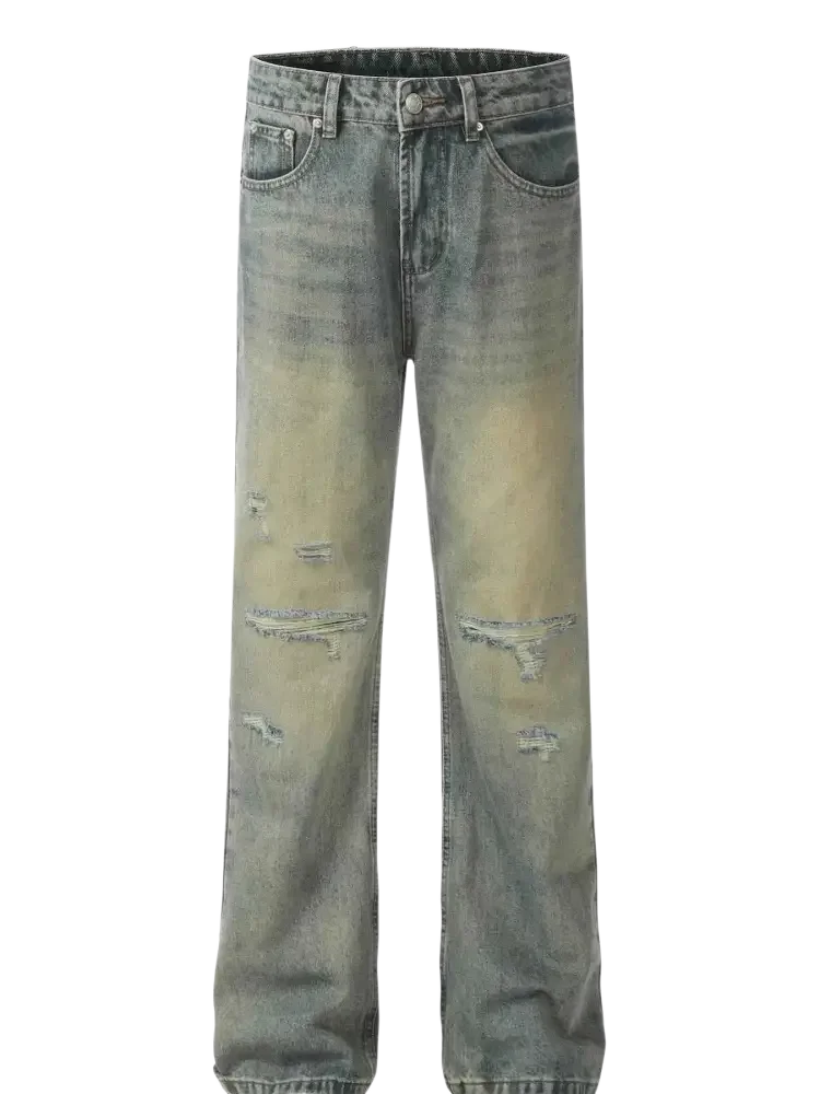 Washed out distressed straight leg jeans with ripped knees in light blue and yellow tones