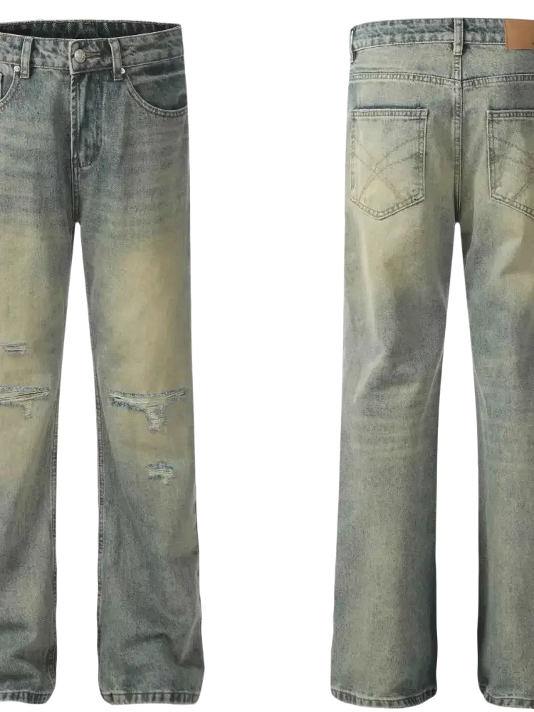 Distressed straight leg blue denim jeans with faded wash for Men’s Distressed Straight Leg Jeans