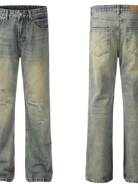 Distressed straight leg blue denim jeans with faded wash for Men’s Distressed Straight Leg Jeans