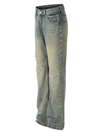 Men’s distressed straight leg jeans with loose fit and faded yellow wash