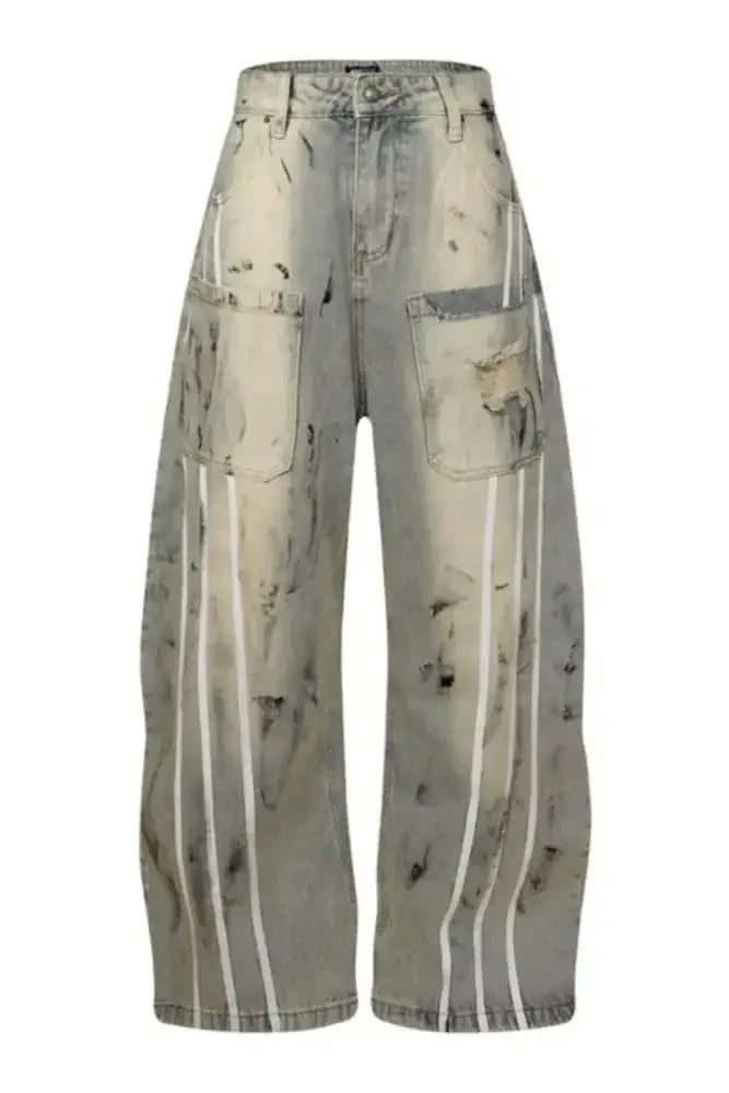 Men's Distressed Striped Wide Leg Jeans