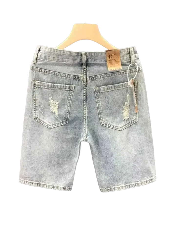 Men’s distressed wash denim shorts with back pockets, featuring stylish distressed wash denim