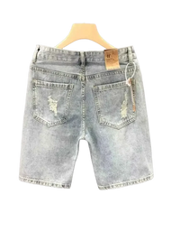 Men’s distressed wash denim shorts with back pockets, featuring stylish distressed wash denim