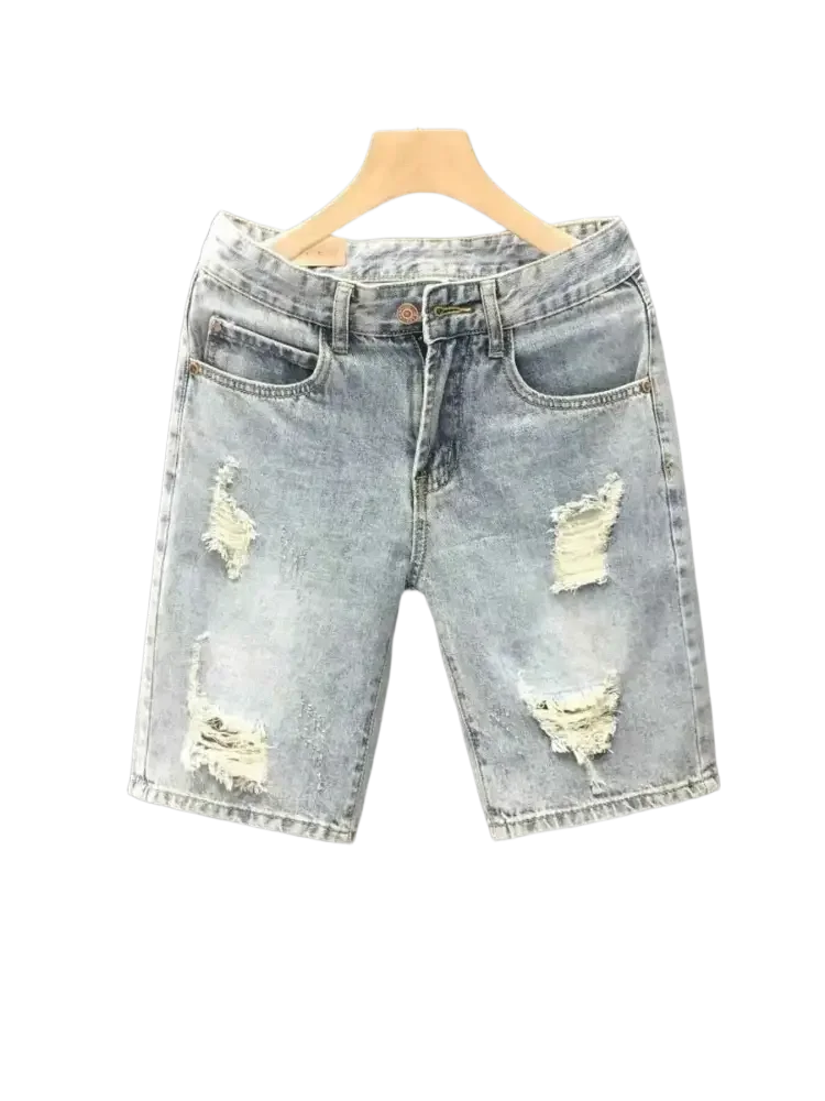 Light wash distressed denim shorts for men, stylish distressed wash denim apparel