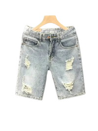 Light wash distressed denim shorts for men, stylish distressed wash denim apparel