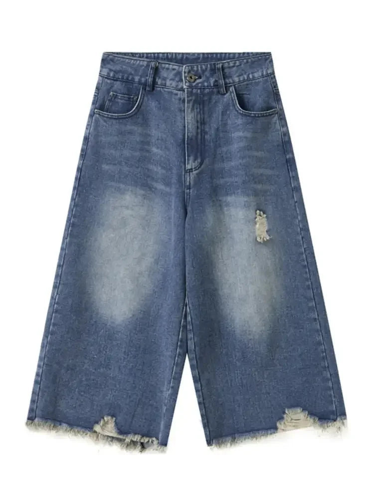 Men's Distressed Wide Leg Denim Shorts
