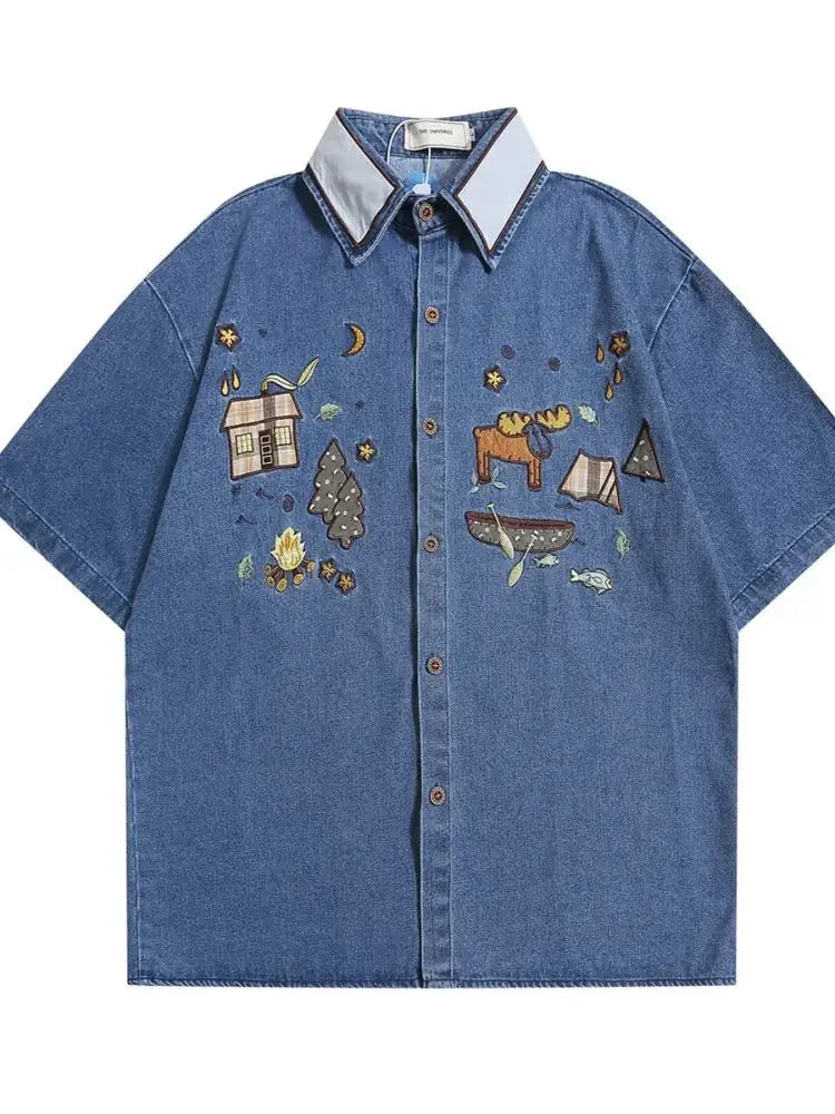 Men's Embroidered Button Up Denim Shirt - Update AvenueTrendsi100400333196566100400333196566Men's Embroidered Button Up Denim ShirtColorful Blue