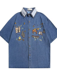 Men's Embroidered Button Up Denim Shirt - Update AvenueTrendsi100400333196566100400333196566Men's Embroidered Button Up Denim ShirtColorful Blue