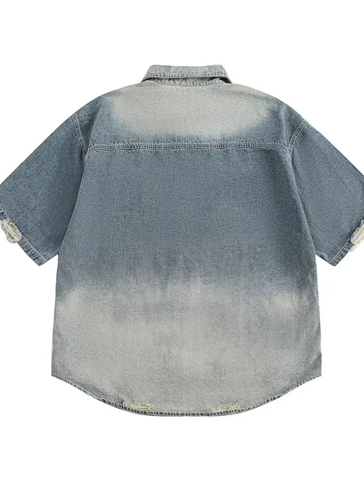 Men's Embroidered Floral Distressed Denim Shirt
