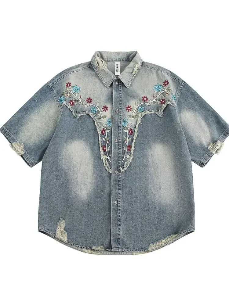 Men's Embroidered Floral Distressed Denim Shirt
