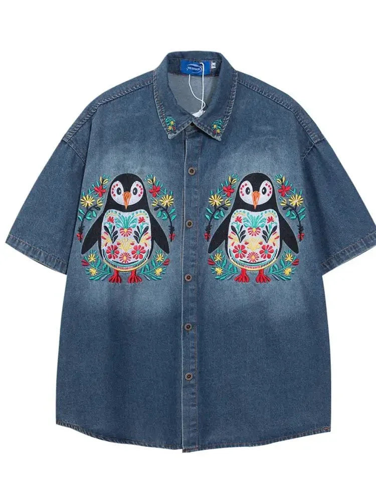 Men's Embroidered Penguin Denim Shirt - Update AvenueTrendsi100400773476353100400773476353Men's Embroidered Penguin Denim ShirtVintage Blue