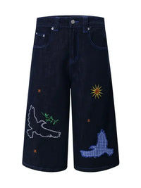 Men's Embroidered Wash Denim Shorts