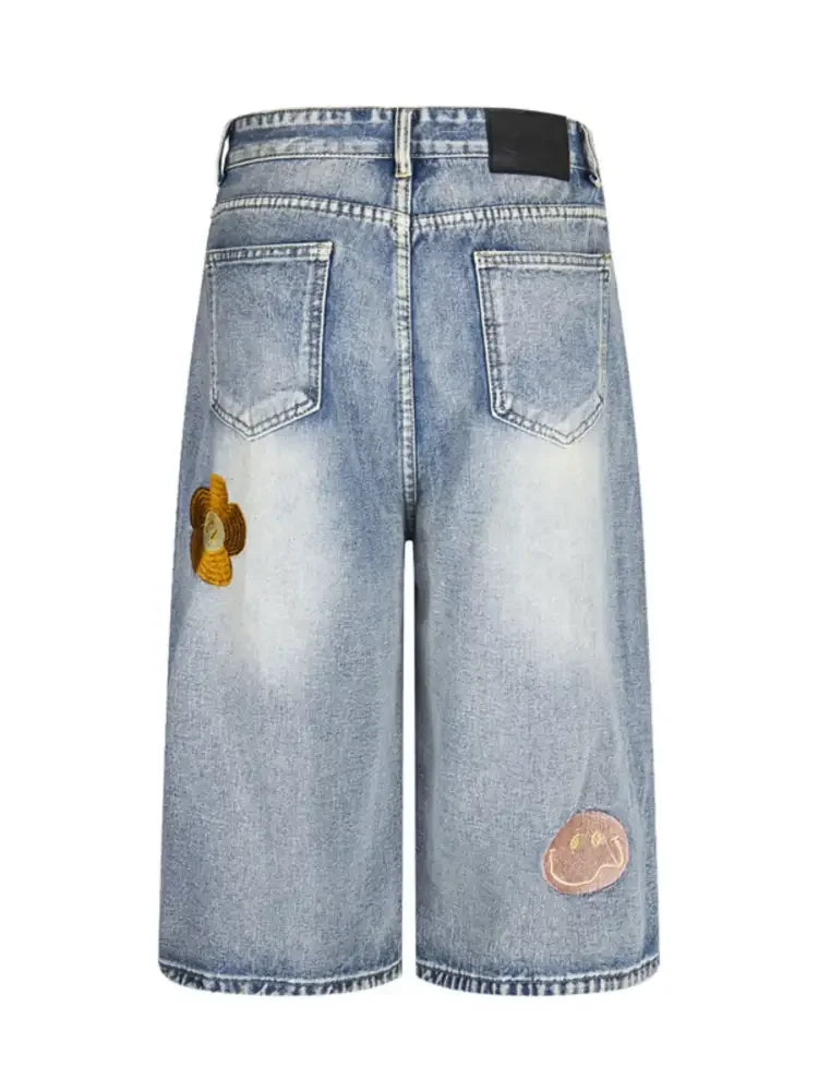 Men's Floral Embroidered Wide Leg Denim Shorts