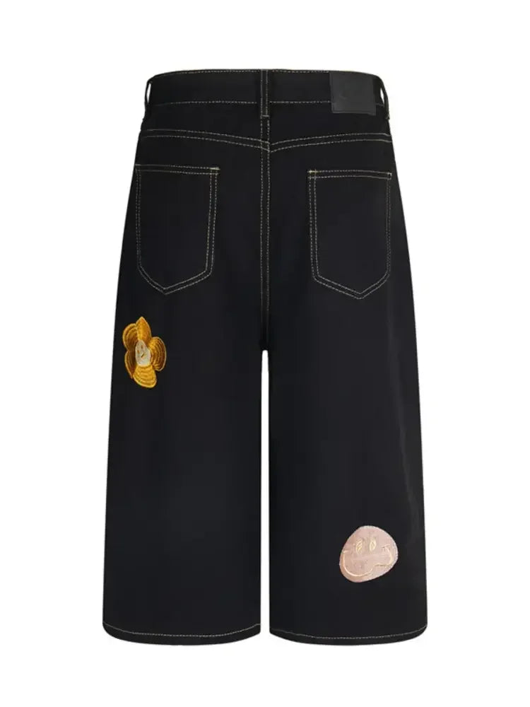 Men's Floral Embroidered Wide Leg Denim Shorts