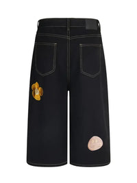 Men's Floral Embroidered Wide Leg Denim Shorts