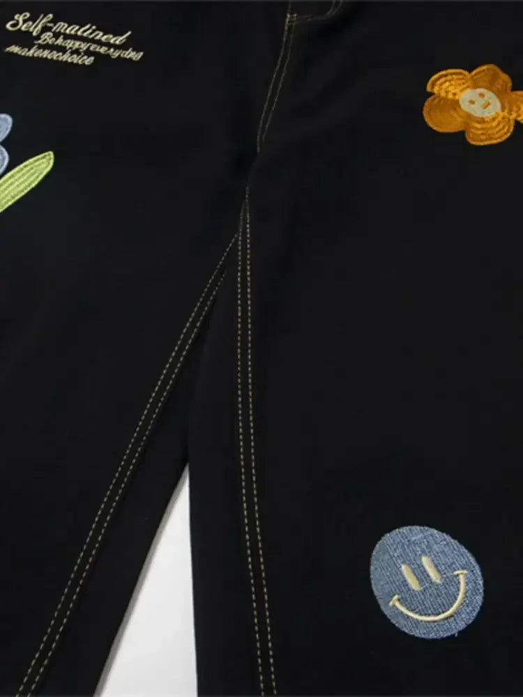 Men's Floral Embroidered Wide Leg Denim Shorts