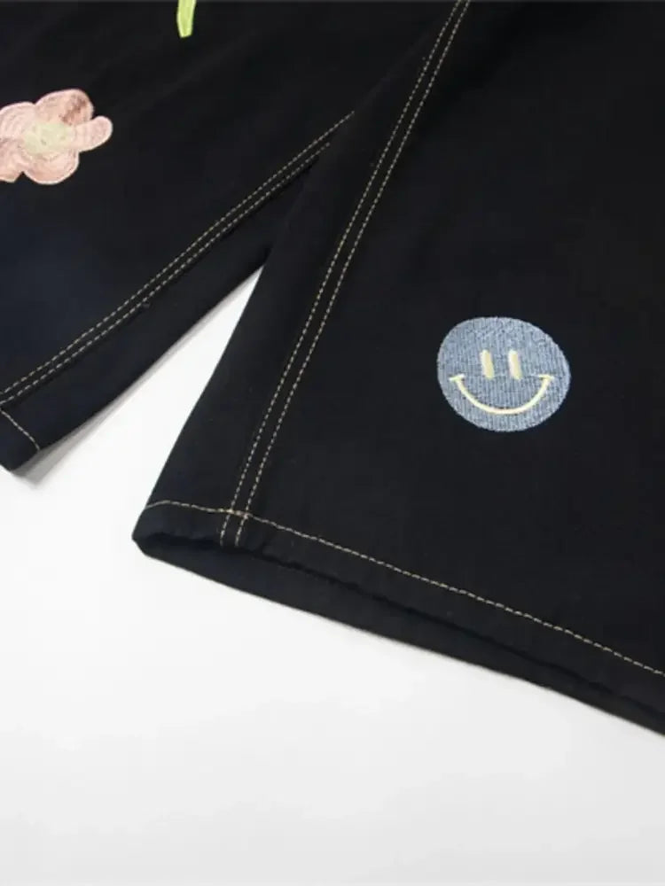 Men's Floral Embroidered Wide Leg Denim Shorts