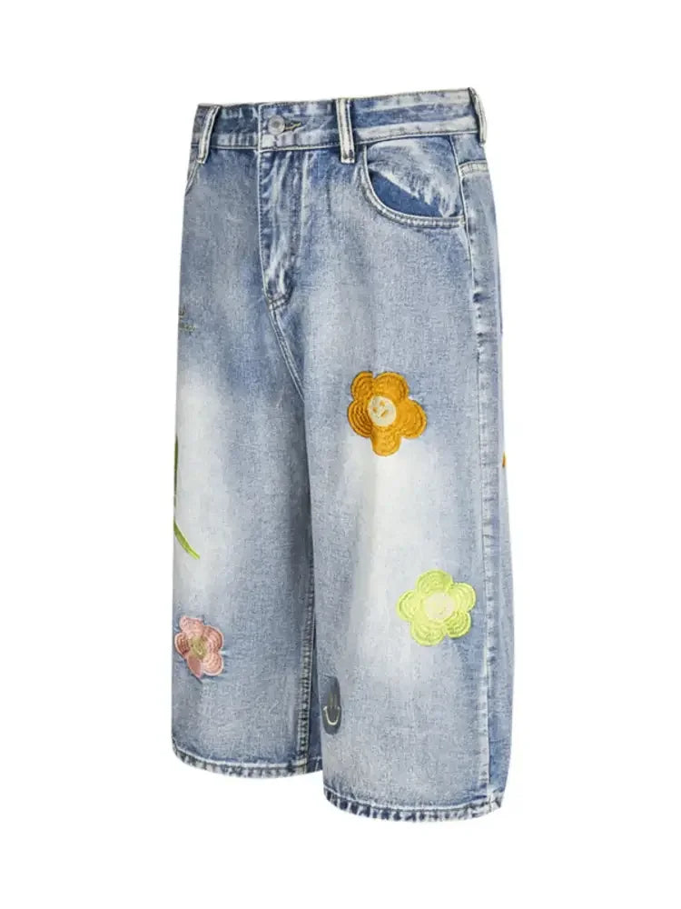 Men's Floral Embroidered Wide Leg Denim Shorts