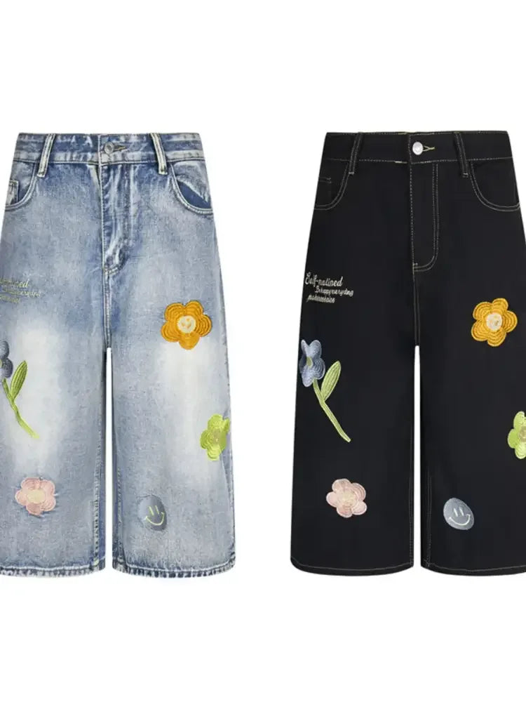Men's Floral Embroidered Wide Leg Denim Shorts