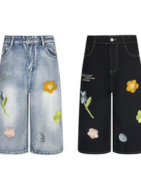 Men's Floral Embroidered Wide Leg Denim Shorts