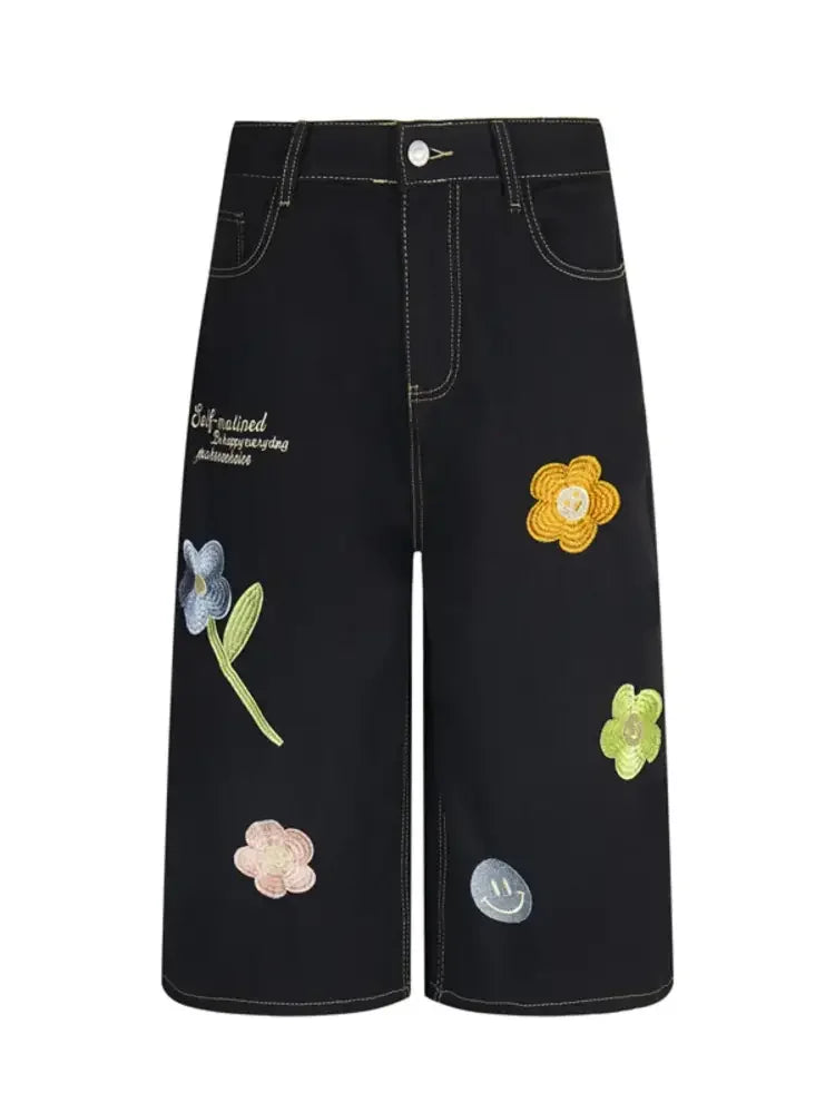 Men's Floral Embroidered Wide Leg Denim Shorts