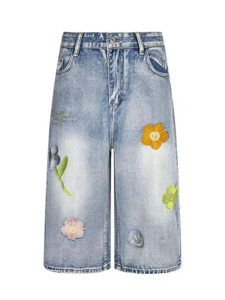 Men's Floral Embroidered Wide Leg Denim Shorts