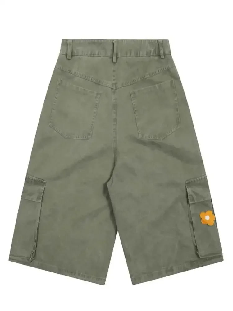Men's Flower Embroidered Denim Cargo Shorts