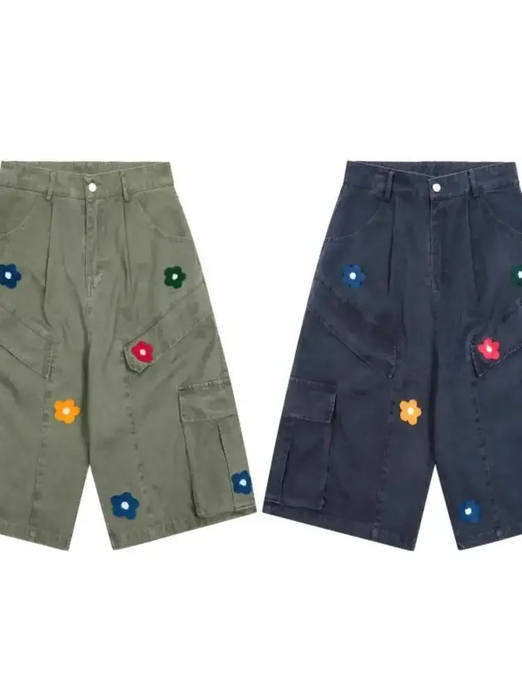 Men's Flower Embroidered Denim Cargo Shorts