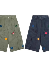 Men's Flower Embroidered Denim Cargo Shorts