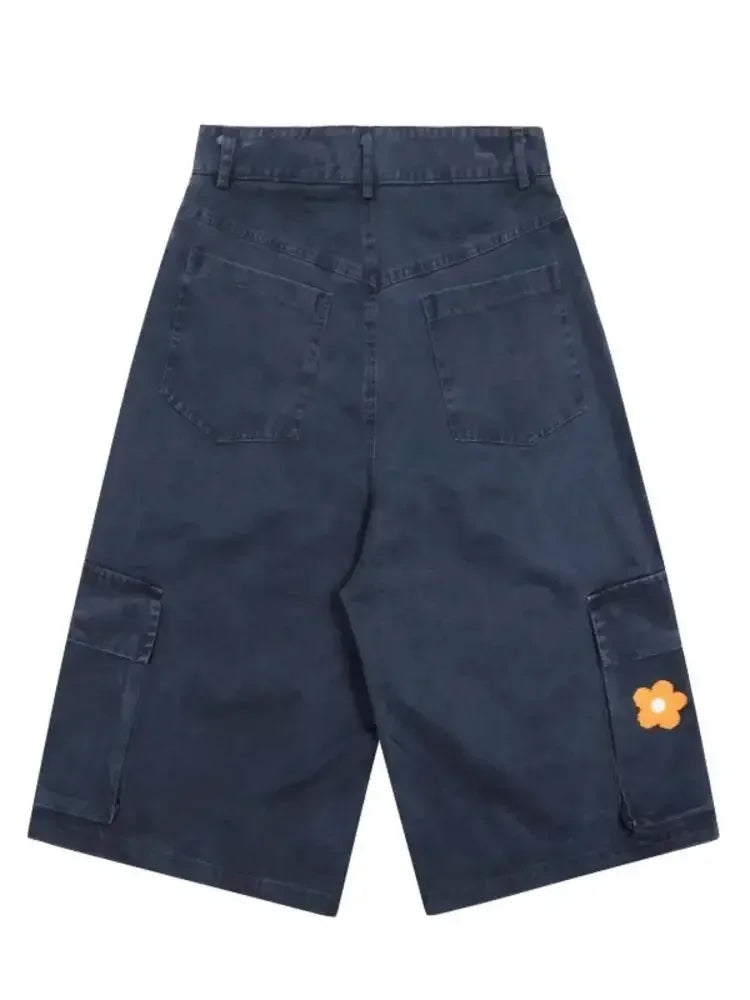 Men's Flower Embroidered Denim Cargo Shorts