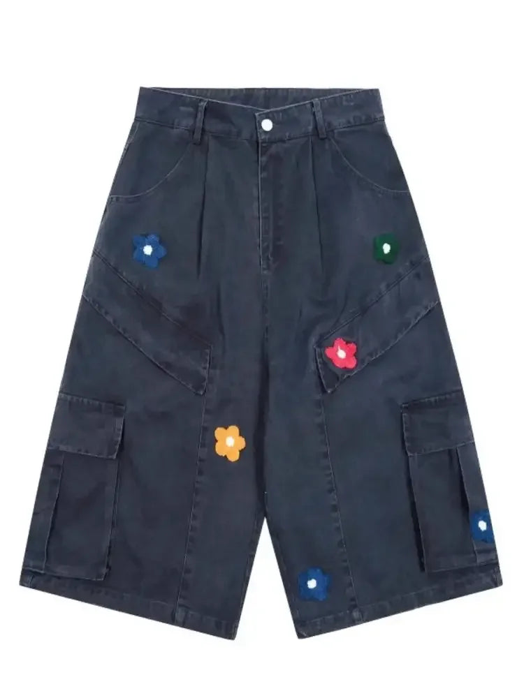 Men's Flower Embroidered Denim Cargo Shorts
