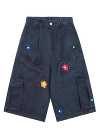 Men's Flower Embroidered Denim Cargo Shorts
