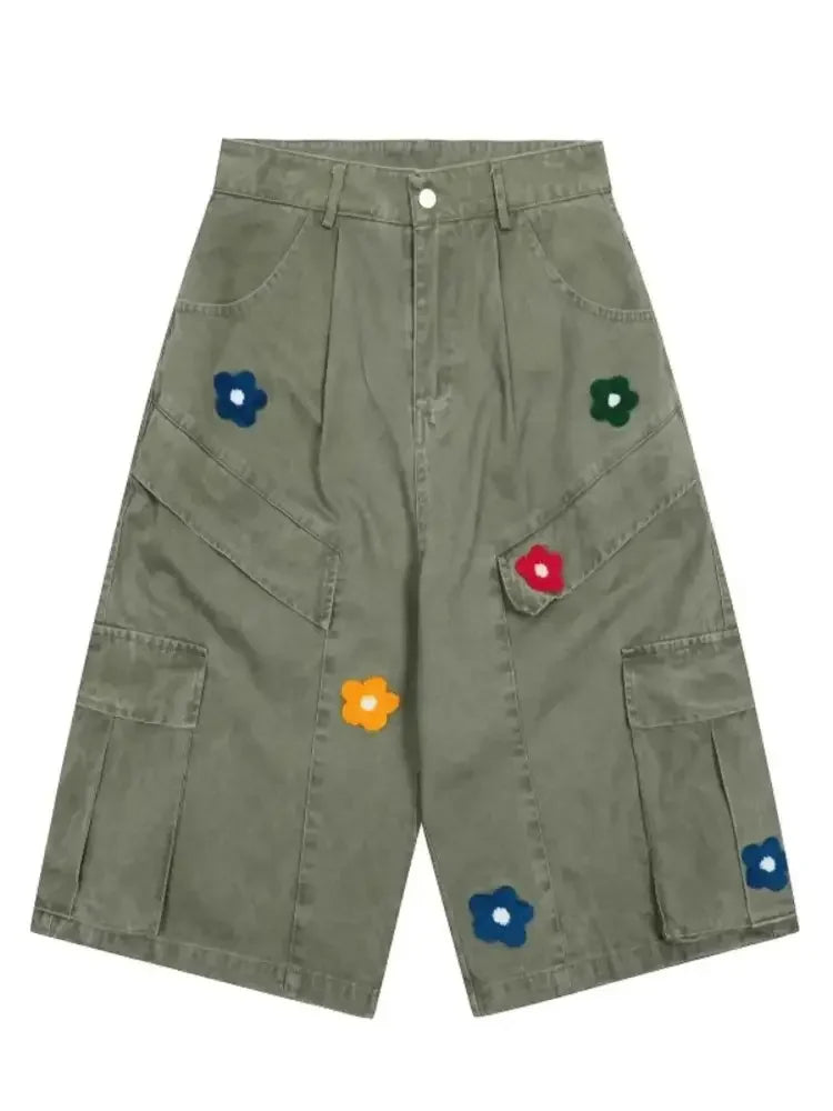 Men's Flower Embroidered Denim Cargo Shorts