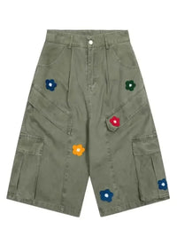 Men's Flower Embroidered Denim Cargo Shorts