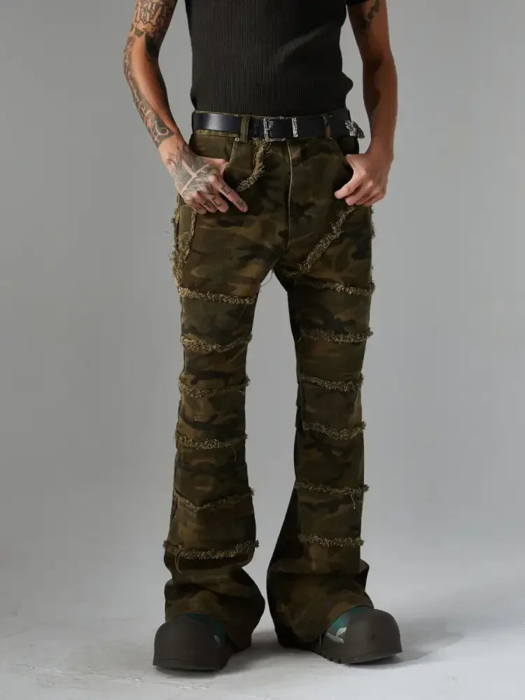 Men's Frayed Hem Camouflage Washed Jeans