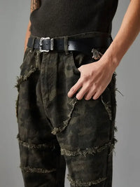 Men's Frayed Hem Camouflage Washed Jeans