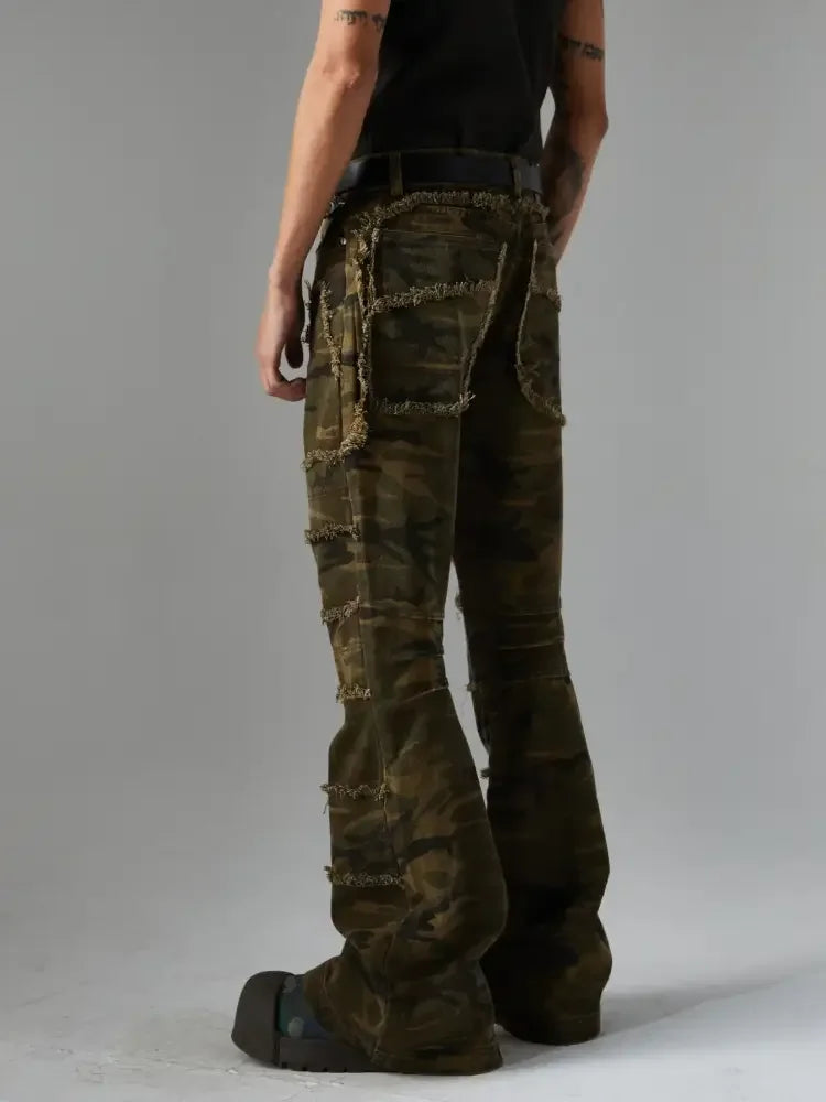 Men's Frayed Hem Camouflage Washed Jeans