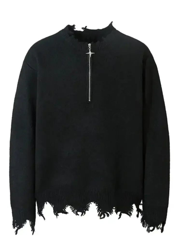 Men's Frayed Hem Quarter Zip Sweater