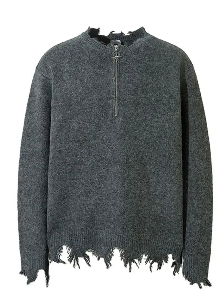 Men's Frayed Hem Quarter Zip Sweater