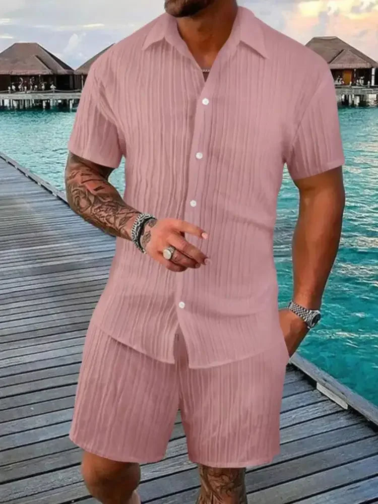 Men's Full Size Button Down Short Sleeve Shirt and Shorts Set Plus Size