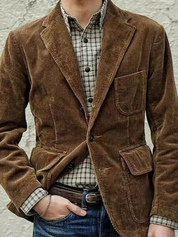 Men's Full Size Button Up Lapel Collar Corduroy Blazer Plus Size