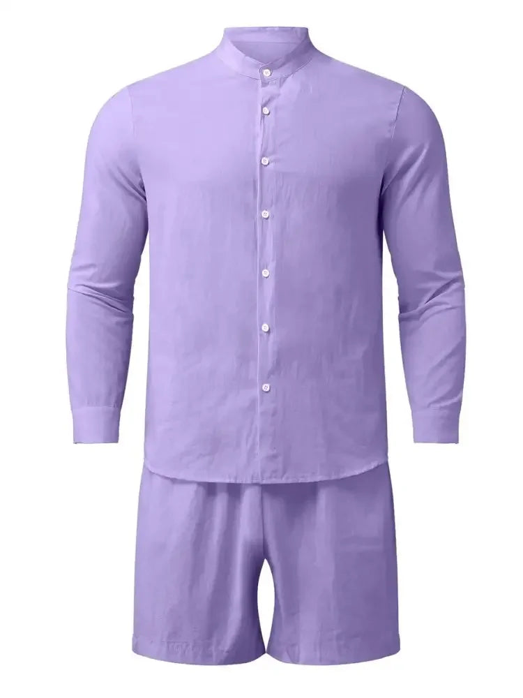 Men's Full Size Button Up Long Sleeve Shirt and Shorts Set Plus Size
