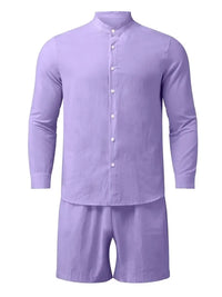 Men's Full Size Button Up Long Sleeve Shirt and Shorts Set Plus Size
