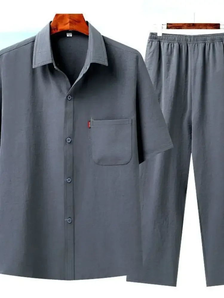Men's Full Size Button Up Short Sleeve Shirt and Pants Set Plus Size